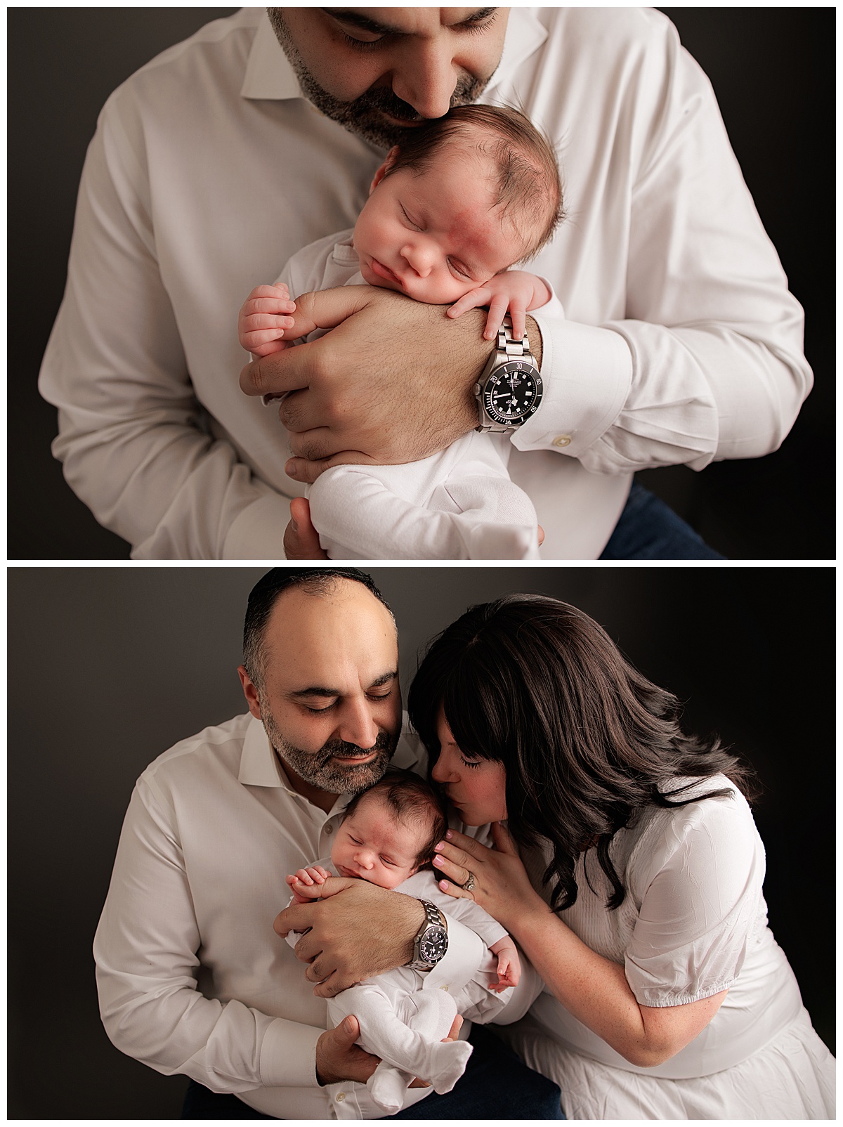 Parents cuddle and kiss newborn for Yaffa Koff Photography