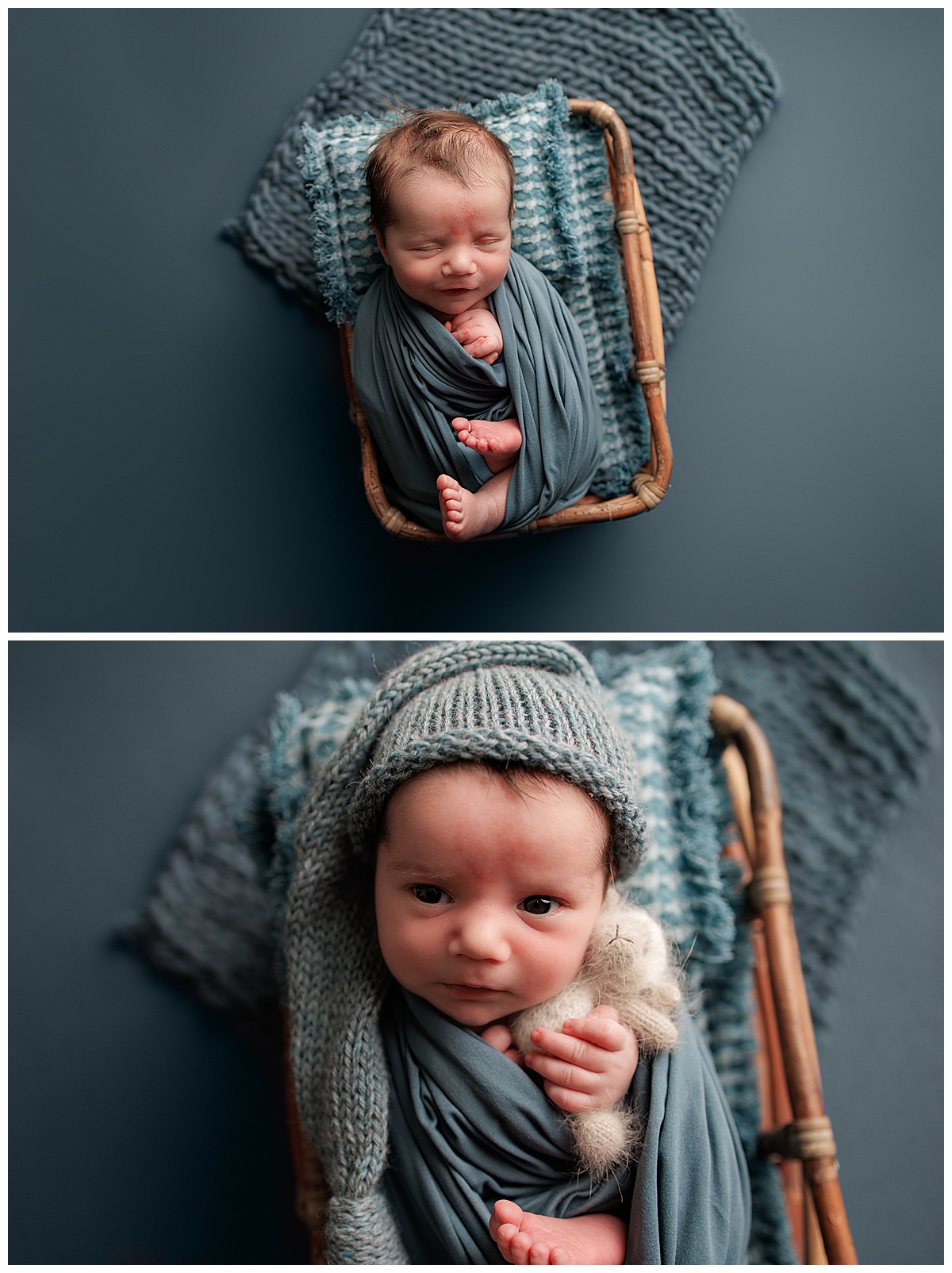 Baby lays in a basket with blue sheets for Yaffa Koff Photography