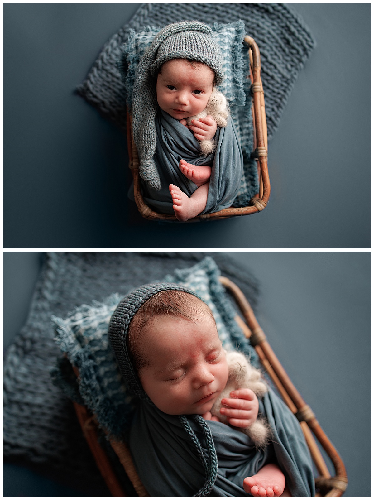 Woman lays in a basket with a blue sheet for Silver Spring Newborn Photographer