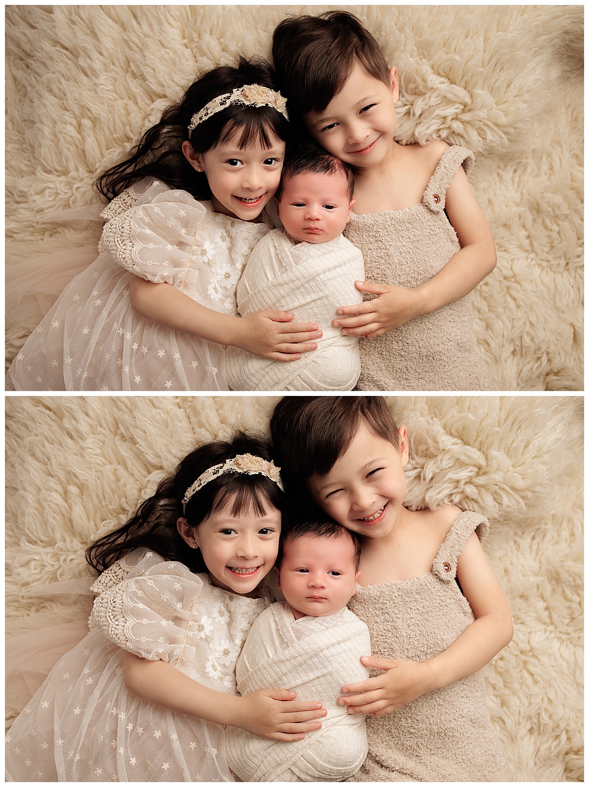 Siblings lay together cuddling close showing the Best Time For Your Newborn Session