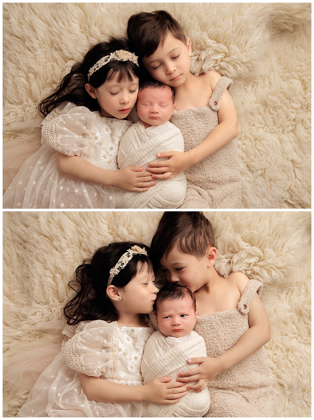 Siblings lay together and cuddle each other for Silver Spring Newborn Photographer