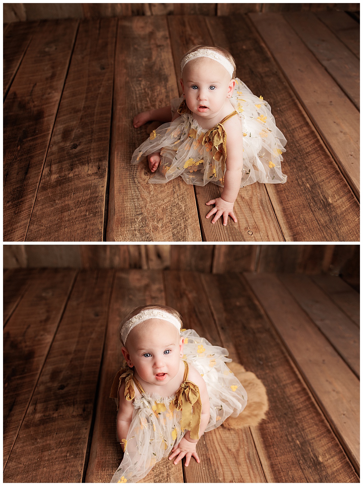 Little baby sits on the floor during her Baby Milestone Photos