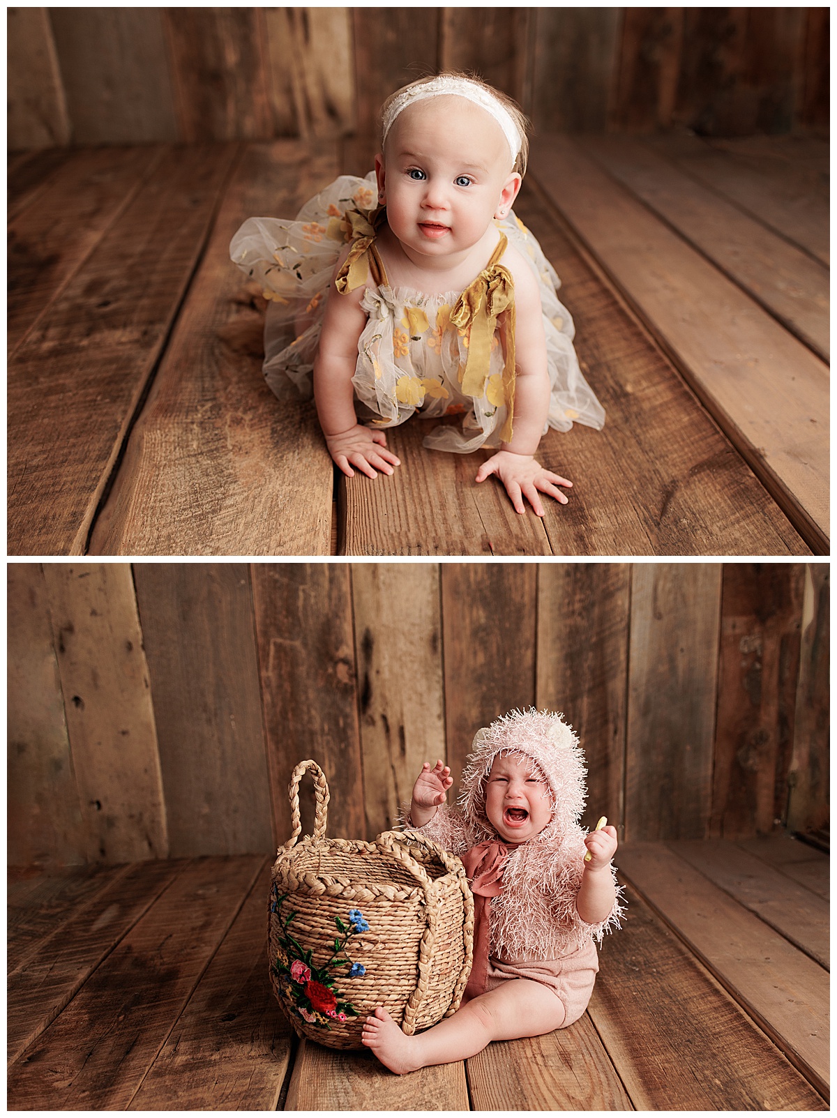 Little one sits on the floor wearing a beautiful outfit during her Baby Milestone Photos