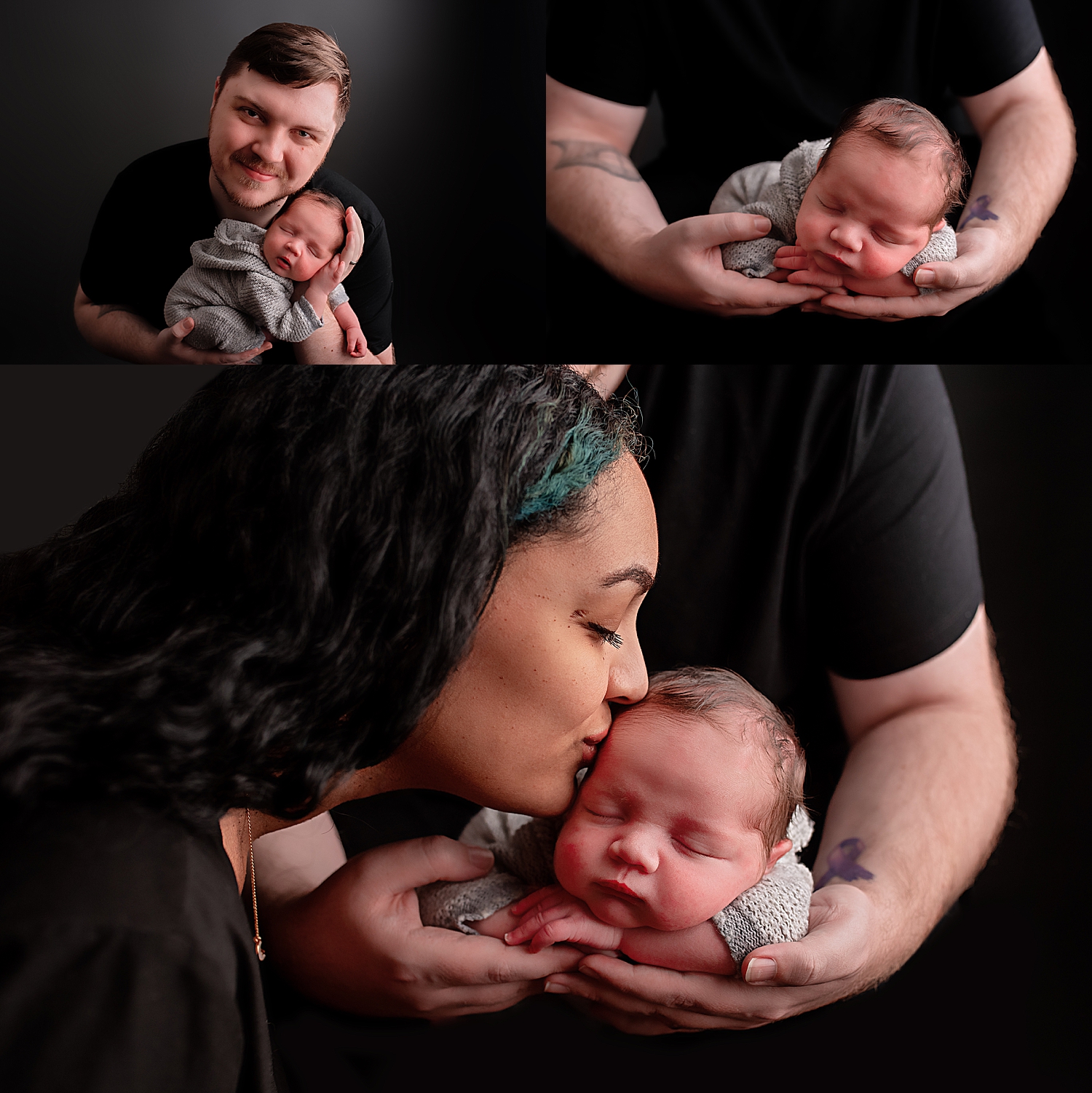 dad holds infant in his hands in studio by Silver Spring Newborn Photographer