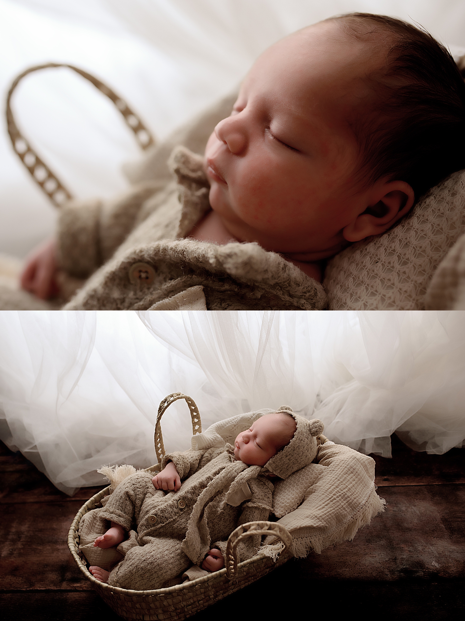 infant in neutral clothing in Moses basket by Silver Spring Newborn Photographer