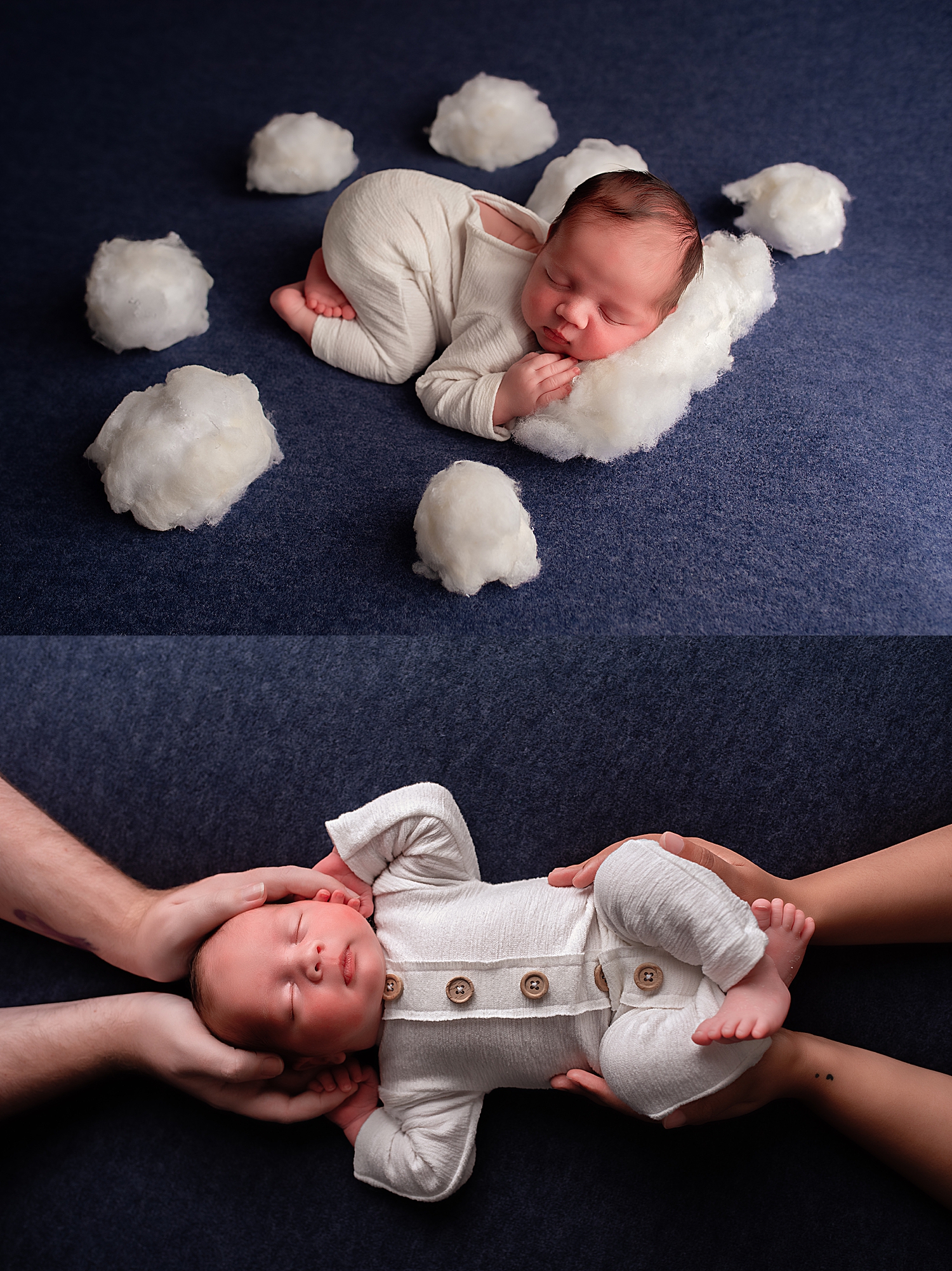 baby sleeping on navy cloth with cotton clouds shows how to personalize your session