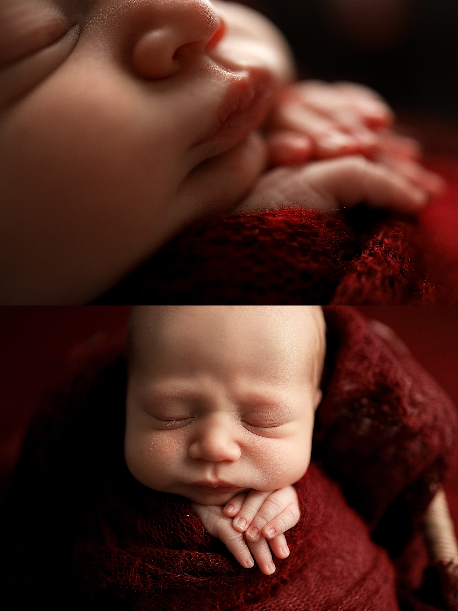 wrapped baby in red blanket wearing neutral outfits for newborn sessions