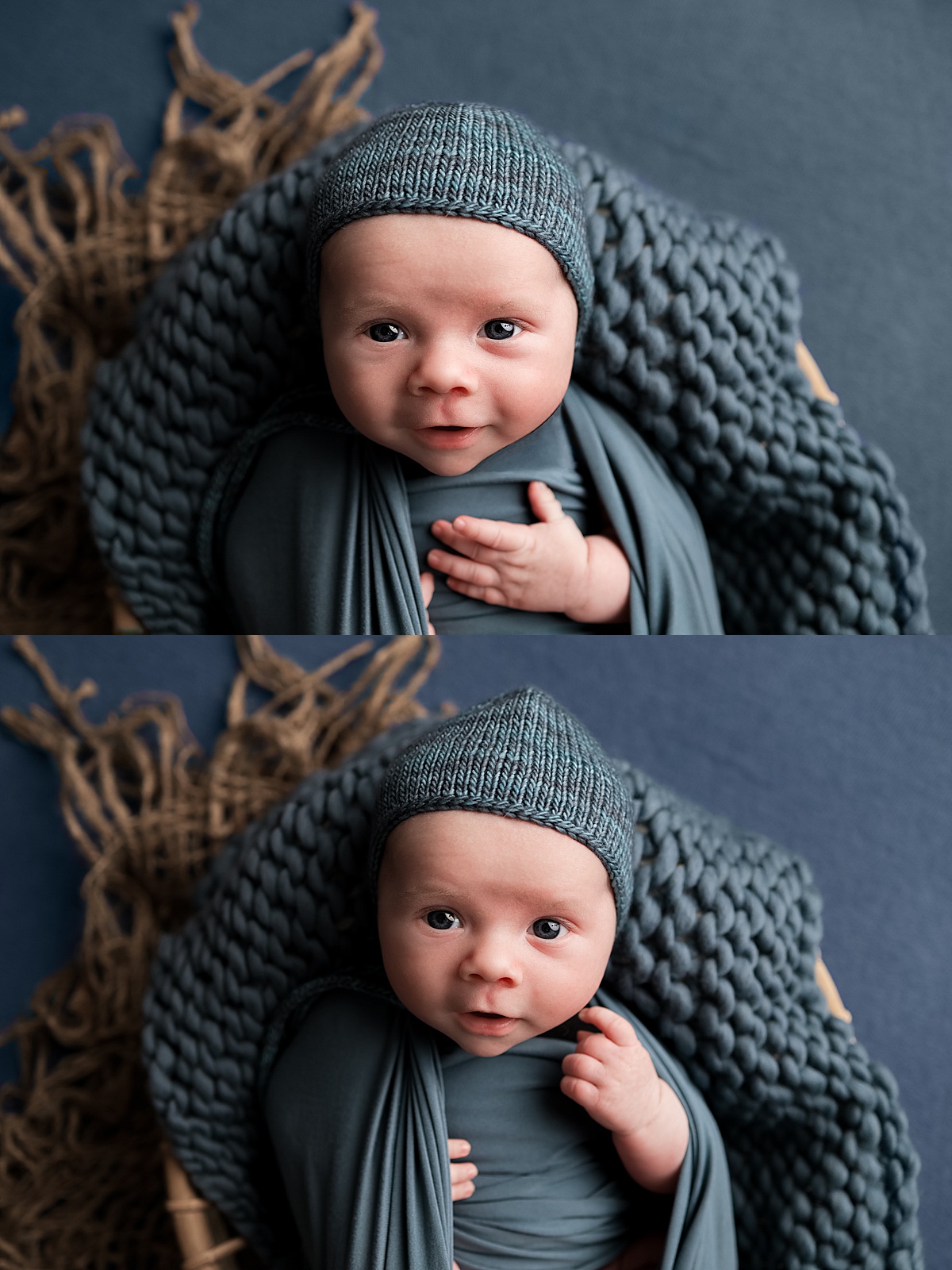 baby smiles in all blue outfit by Silver Spring Photographer