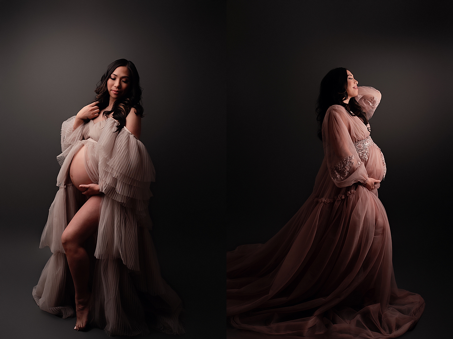 woman in long flowy dress demonstrating professional maternity photography